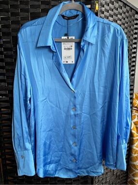 ZARA Women’s Light Blue Satin Button-Down Shirt